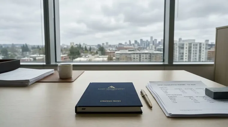 Escritorio de oficina con un cuaderno de Asset Management y un informe impreso de asignación de activos por clase