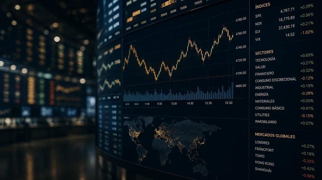 Panel de mercado con un gráfico de velas, índices SPX NDX DJI y VIX, rendimiento por sectores y cotizaciones de plazas globales