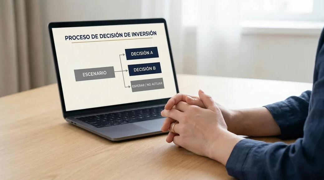 Portátil mostrando un diagrama de proceso de decisión de inversión: un escenario que se ramifica en decisión A, decisión B o esperar sin actuar