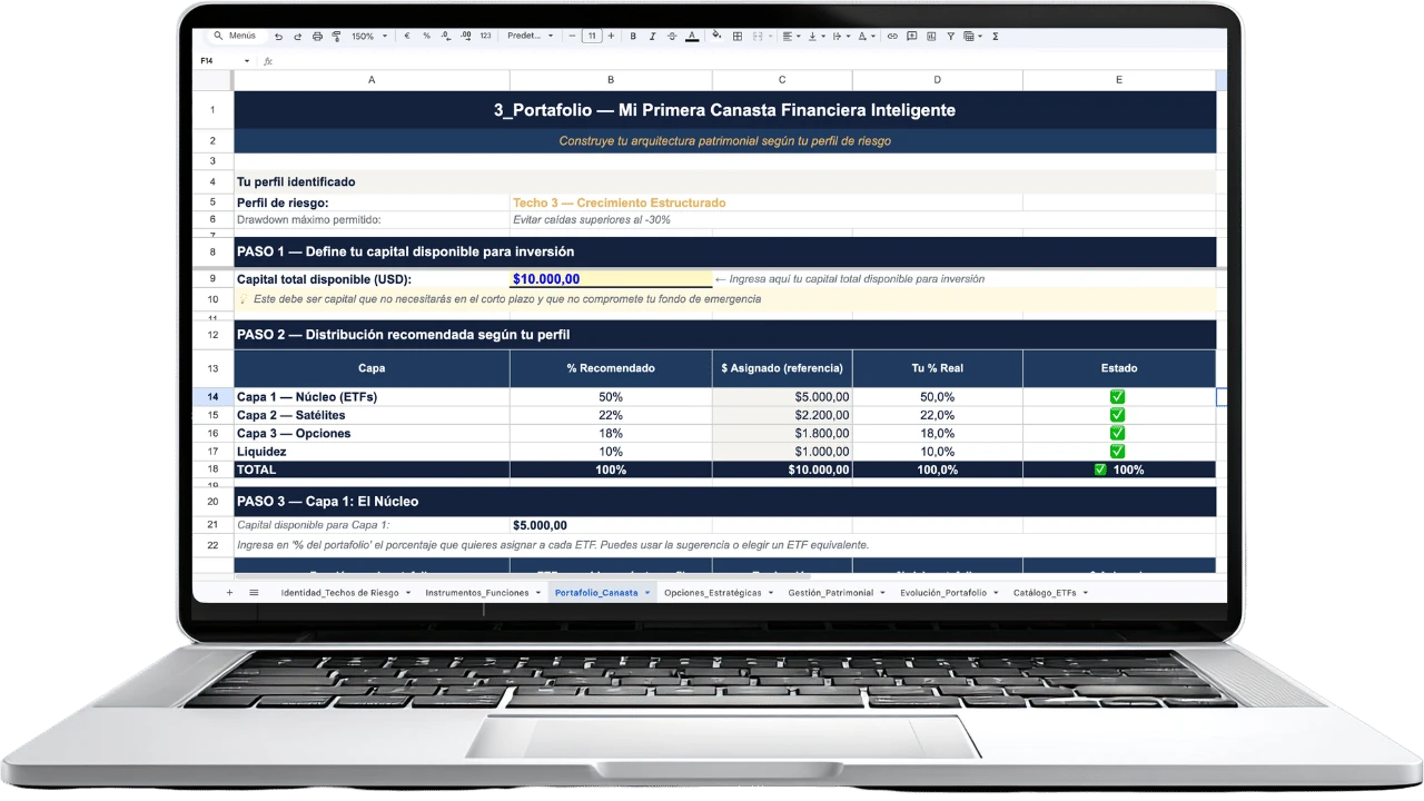 Portátil con la hoja Portafolio del sistema en Excel: distribución del capital en núcleo de ETFs, satélites, opciones y liquidez