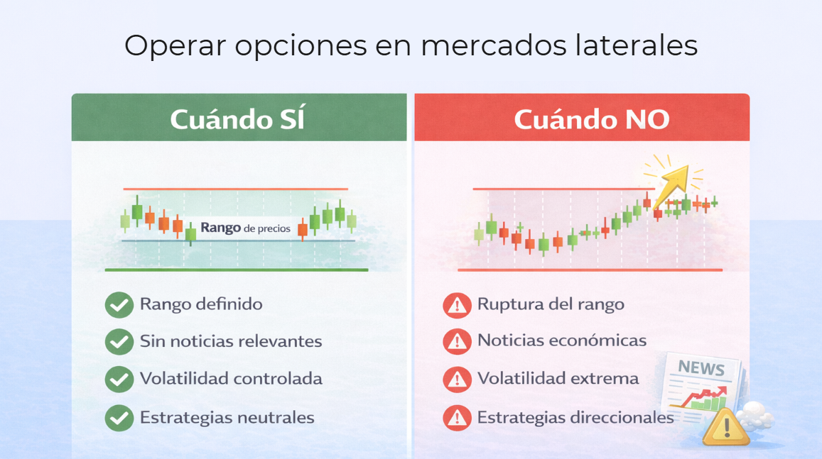 Cuándo operar opciones financieras en mercados laterales y cuándo evitar estrategias neutrales