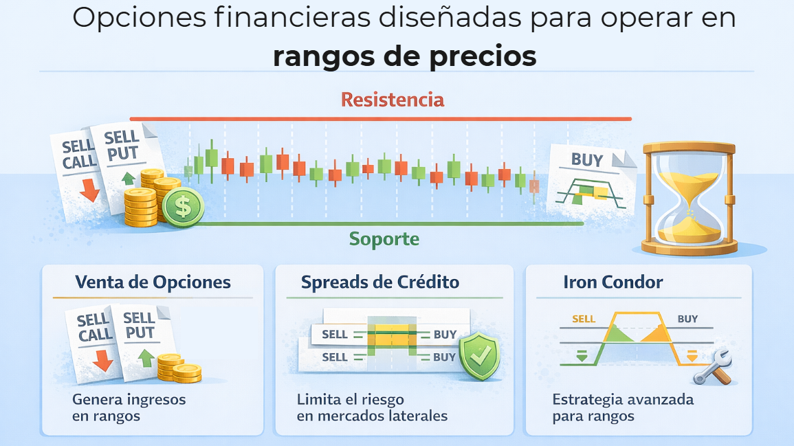 Estrategias de opciones financieras ideales para mercados laterales como venta de opciones, spreads de crédito e Iron Condor
