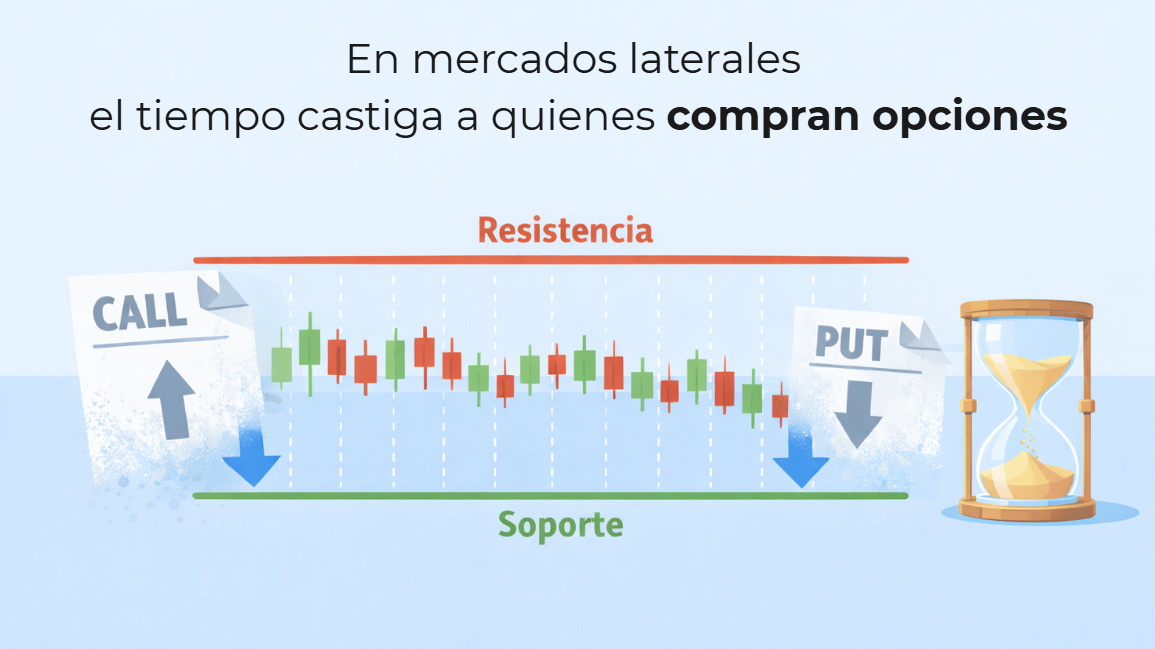 Gráfico que muestra cómo el paso del tiempo afecta negativamente a las opciones financieras en mercados laterales
