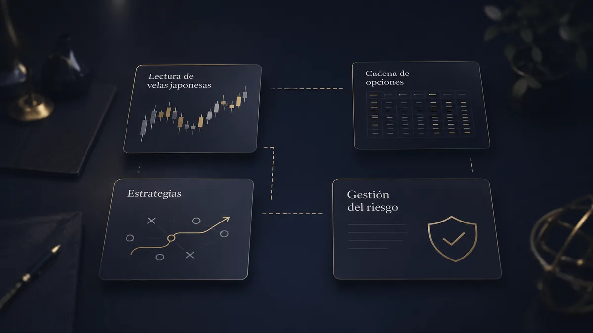 Tarjetas separadas de velas japonesas, cadena de opciones, estrategias y gestión del riesgo unidas por líneas punteadas