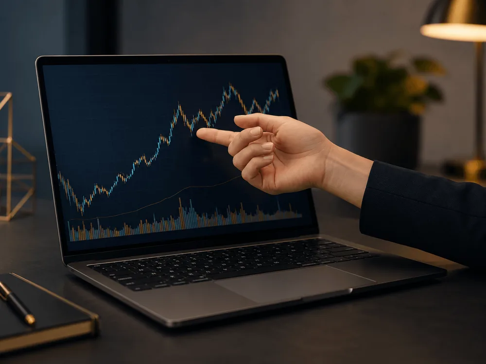 Mano señalando un gráfico de velas japonesas en la pantalla de un portátil