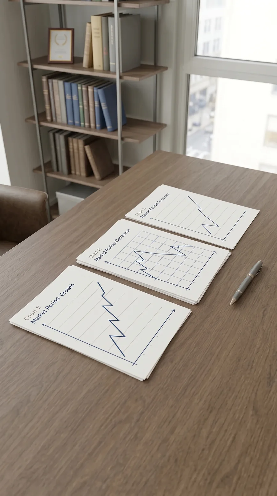 Tres gráficos de ciclos de mercado sobre una mesa: crecimiento, corrección y recuperación, los escenarios que determinan qué estrategia de opciones aplicar