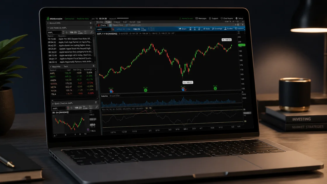 Plataforma Thinkorswim configurada con gráficos y listas de seguimiento