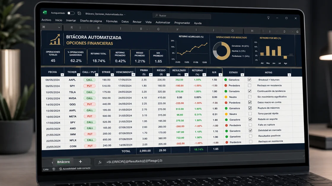 Bitácora automatizada de operaciones en Excel con métricas de desempeño
