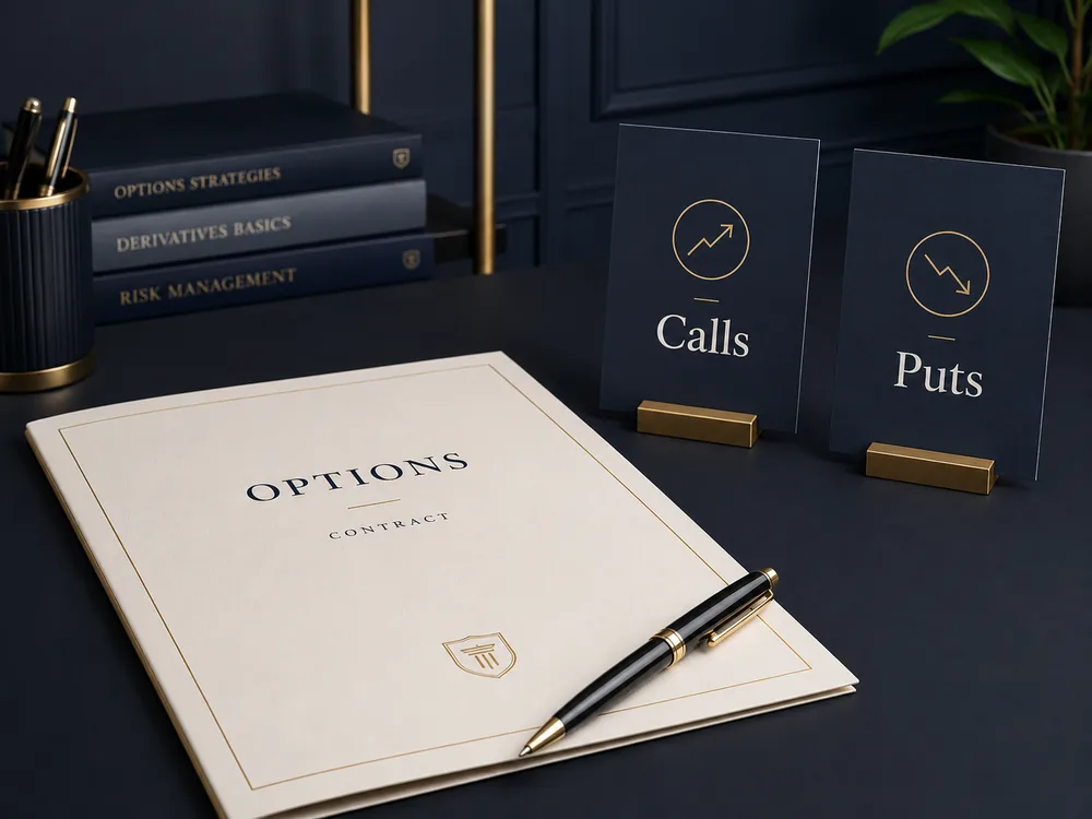 Contrato de opciones con tarjetas de Calls y Puts sobre un escritorio elegante