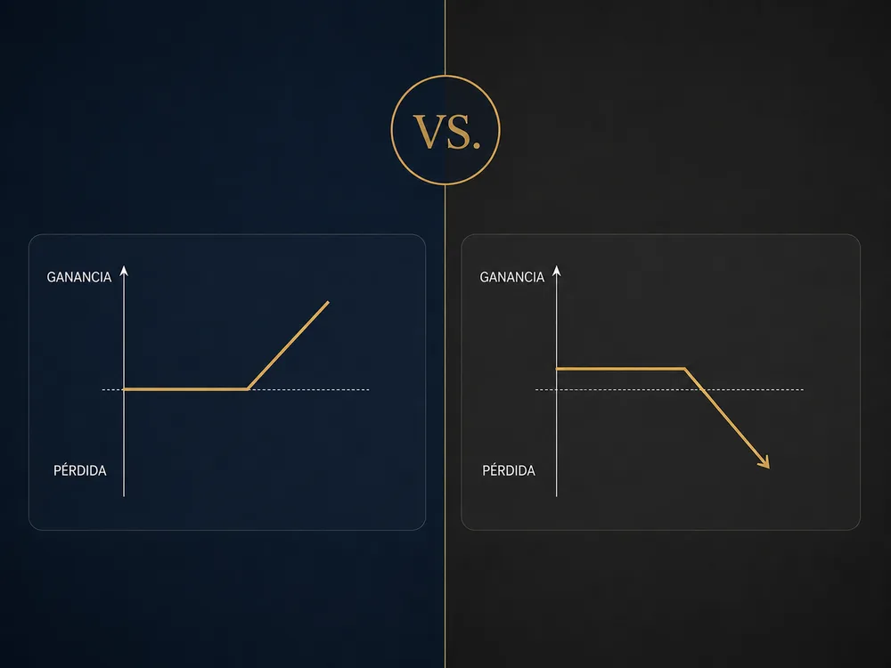 Diagramas de ganancia y pérdida que comparan al comprador y al vendedor de una opción