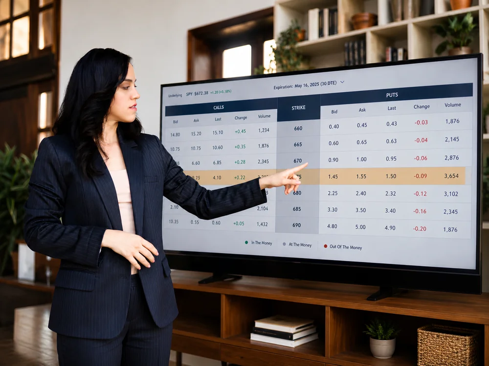 Cadena de opciones con columnas de calls, strike y puts señalando ITM, ATM y OTM