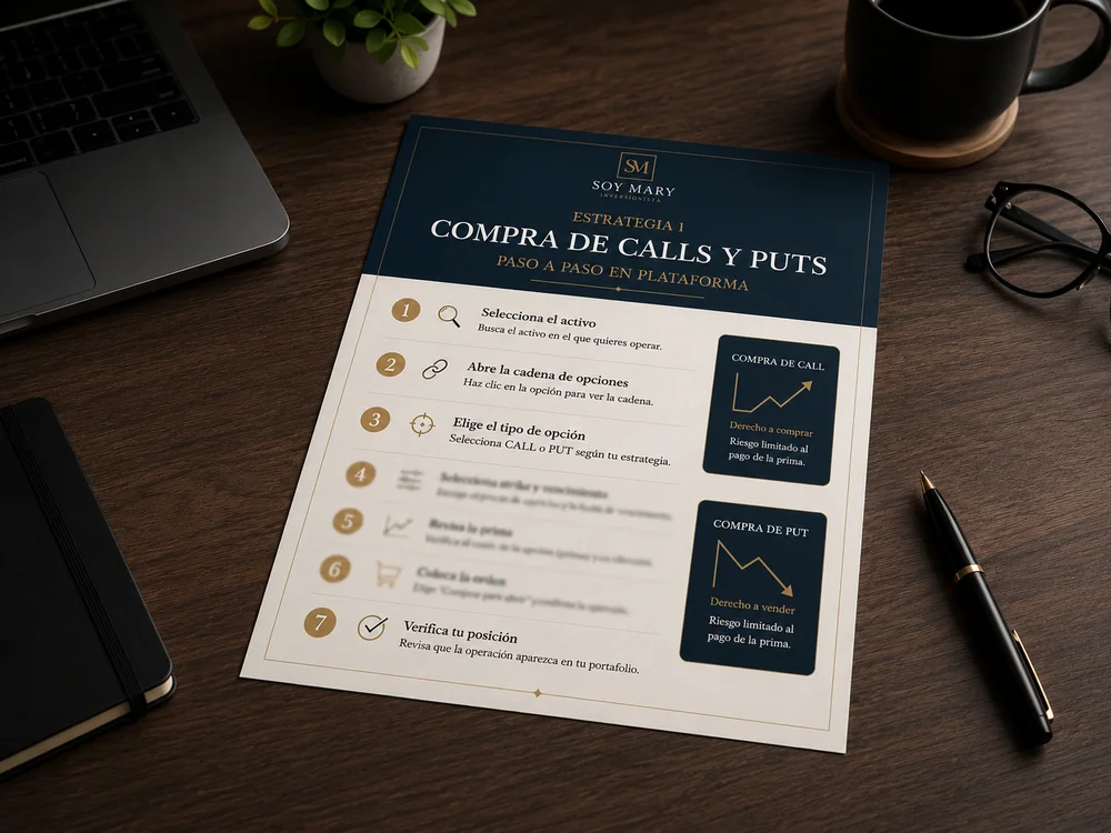 Infografía paso a paso para comprar calls y puts dentro de la plataforma