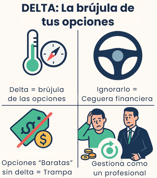 Infografía sobre cómo funciona el delta en las opciones financieras y su importancia en la gestión de inversiones.
