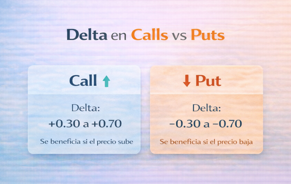 Comparación visual del Delta en opciones Call y Put, mostrando que las Calls tienen Delta positivo y las Puts Delta negativo según la dirección del precio del subyacente.