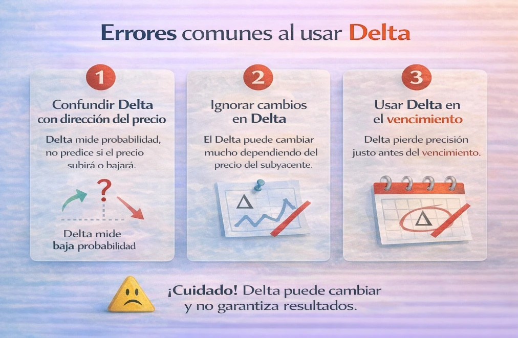 Infografía que resume errores comunes al usar el Delta en opciones, como confundir Delta con dirección, ignorar que cambia y usarlo cerca del vencimiento.