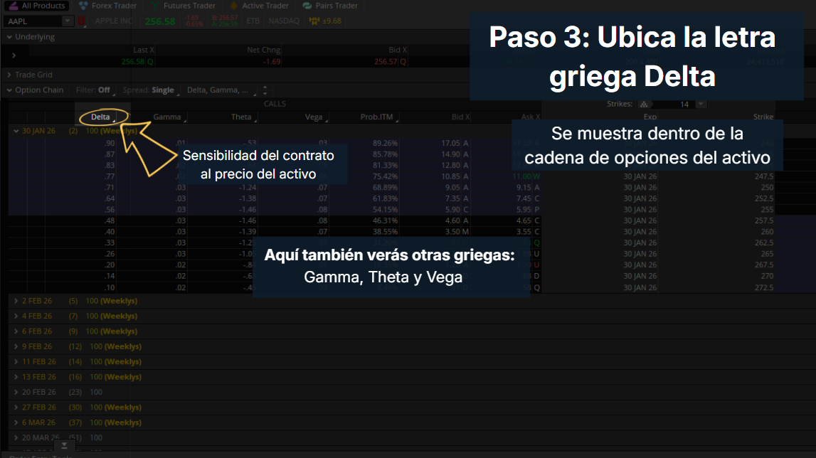 Ubicación de la letra griega Delta en la cadena de opciones de Thinkorswim junto a Gamma, Theta y Vega.