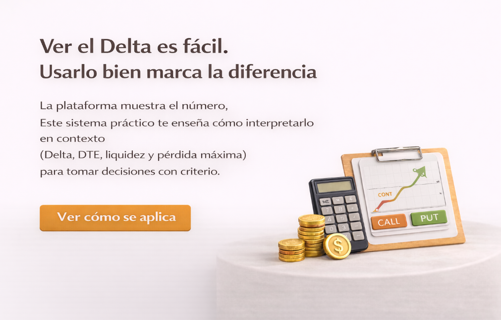 Probabilidad y Delta en opciones financieras con reglas, gestión del riesgo y decisiones repetibles