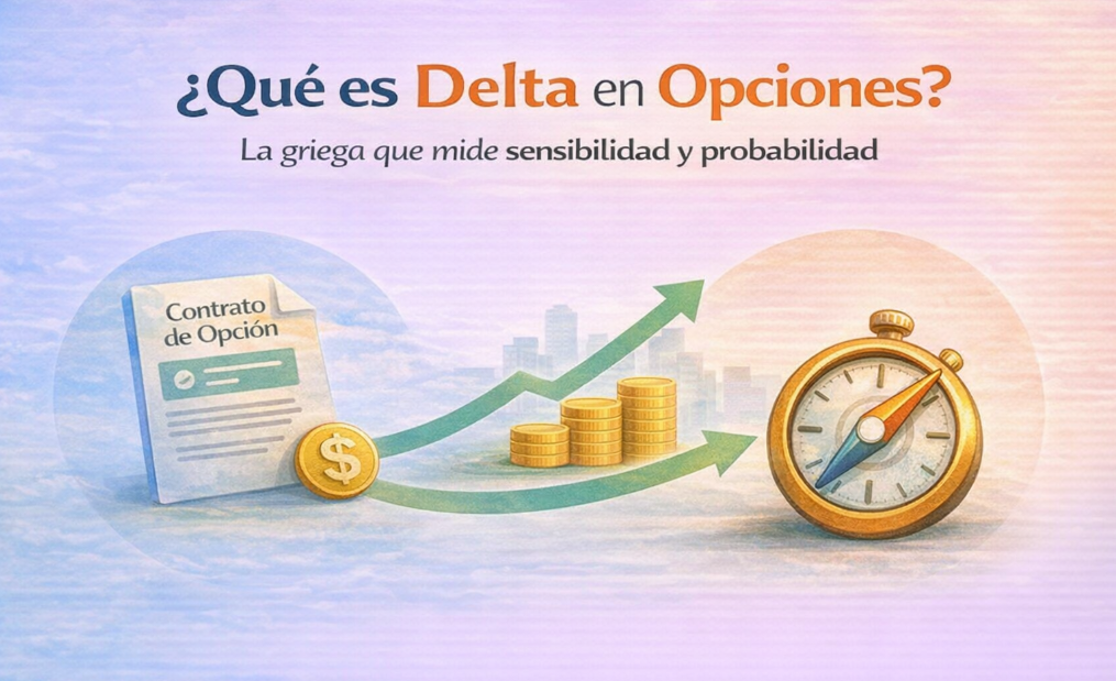Ilustración que explica qué es el Delta en opciones financieras y cómo mide la sensibilidad del precio del contrato frente al movimiento del activo subyacente.