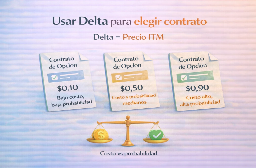 Gráfico que muestra cómo usar el Delta para elegir un contrato de opciones, comparando costo y probabilidad entre Deltas bajos, medios y altos.