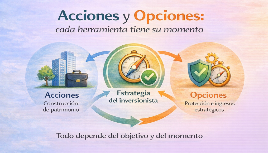 Acciones y opciones como herramientas de inversión: las acciones se usan para construir patrimonio a largo plazo y las opciones para protección e ingresos estratégicos según el objetivo y el momento.