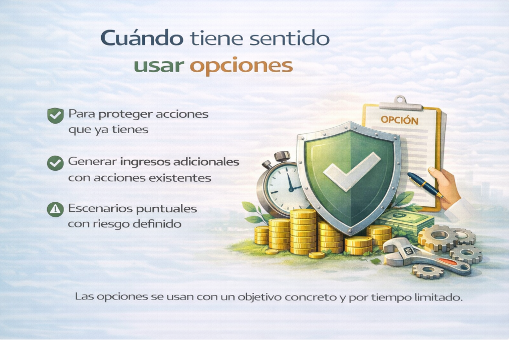 Cuándo usar opciones financieras: uso de opciones para proteger acciones existentes, generar ingresos adicionales y operar escenarios puntuales con riesgo previsto.