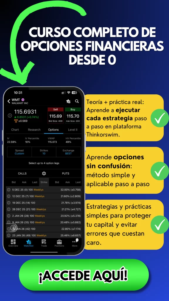 Imagen de curso de opciones financieras para principiantes con estrategias paso a paso y pantalla de plataforma Thinkorswim.