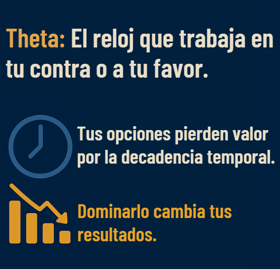 Gráfico y reloj explicando la decadencia temporal en los contratos de opciones y el impacto del theta.