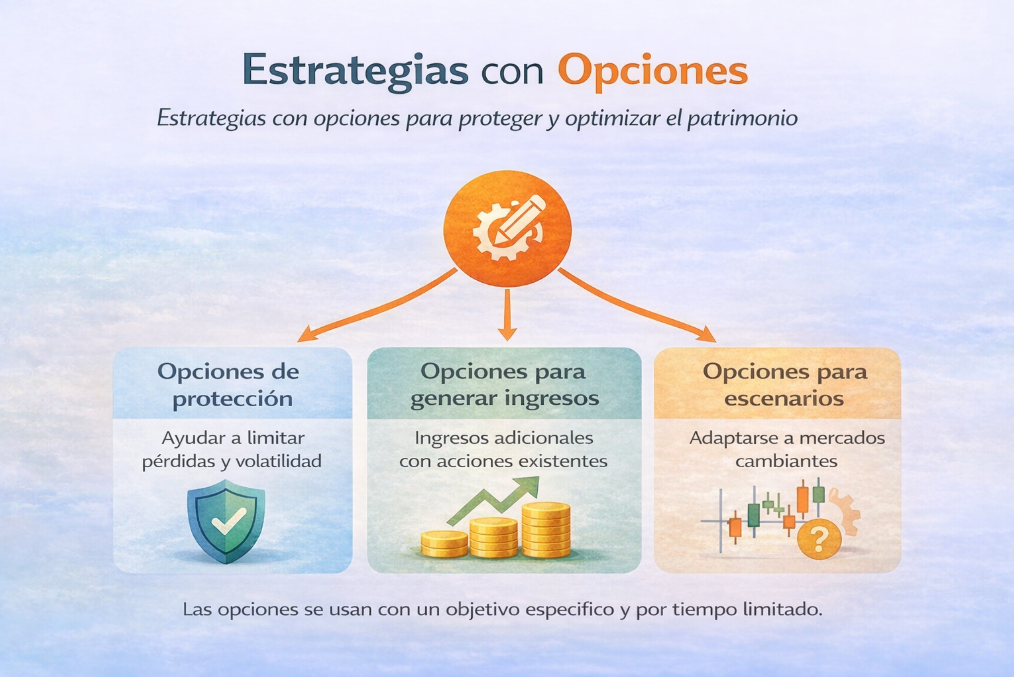 Estrategias con opciones financieras para proteger capital, generar ingresos adicionales y adaptarse a distintos escenarios de mercado con riesgo definido.