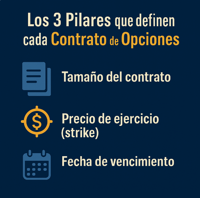 Infografía sobre los 3 pilares de un contrato de opciones: tamaño del contrato, precio de ejercicio y fecha de vencimiento.