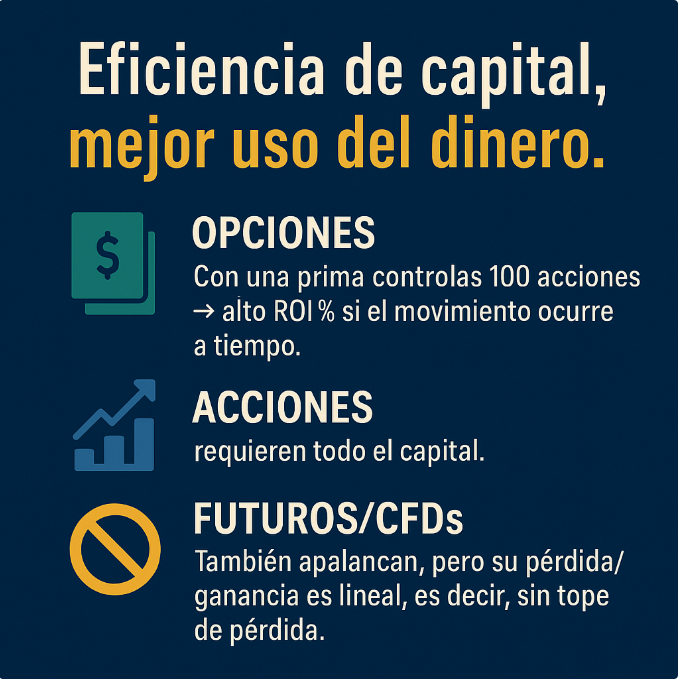 Comparación de opciones vs otros instrumentos financieros destacando eficiencia de capital
