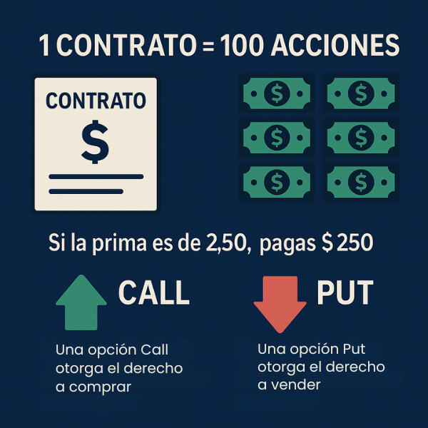 Gráfico educativo sobre contratos de opciones con ejemplos de Call y Put